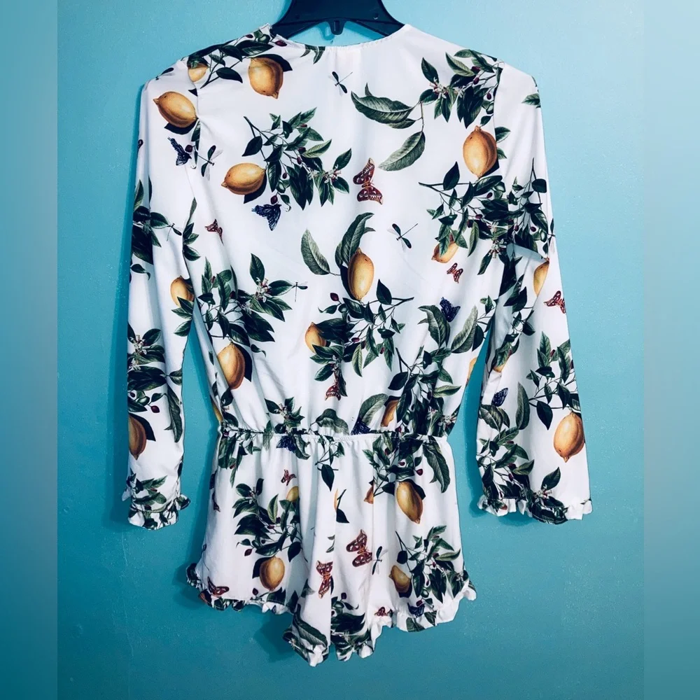 Agua Bendita Evergreen Story Larissa Ruffle Trim Lemon Shorts Romper Women’s M L - Picture 5 of 12